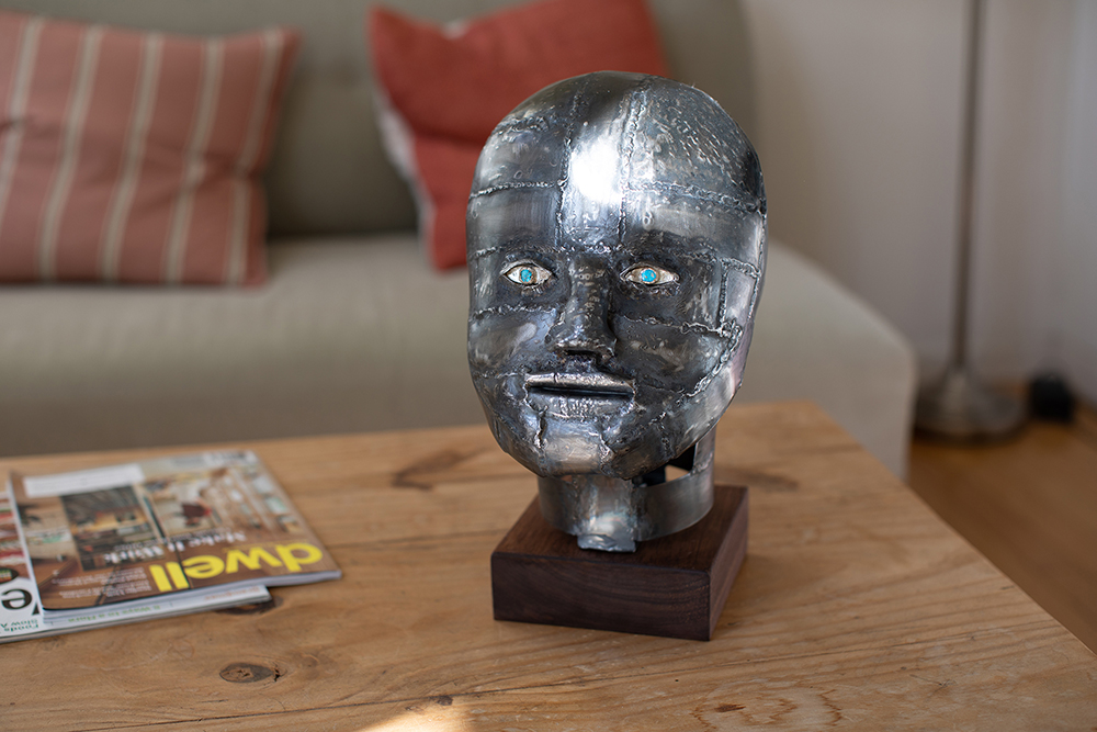 Steel head on coffee table.